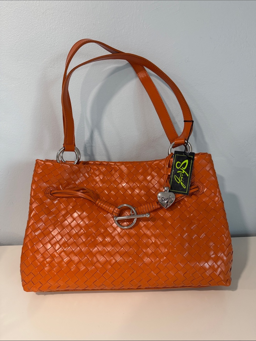 Vintage New Sharif Leather Orange Woven Shoulder Bag Heart Charm